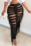 Khaki Sexy Solid Tassel Hollowed Out Patchwork High Waist Pencil Solid Color Bottoms