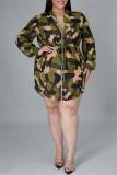 Camouflage Mode Casual Camouflage Print Patchwork Rits Kraag Lange Mouw Plus Size Jurken