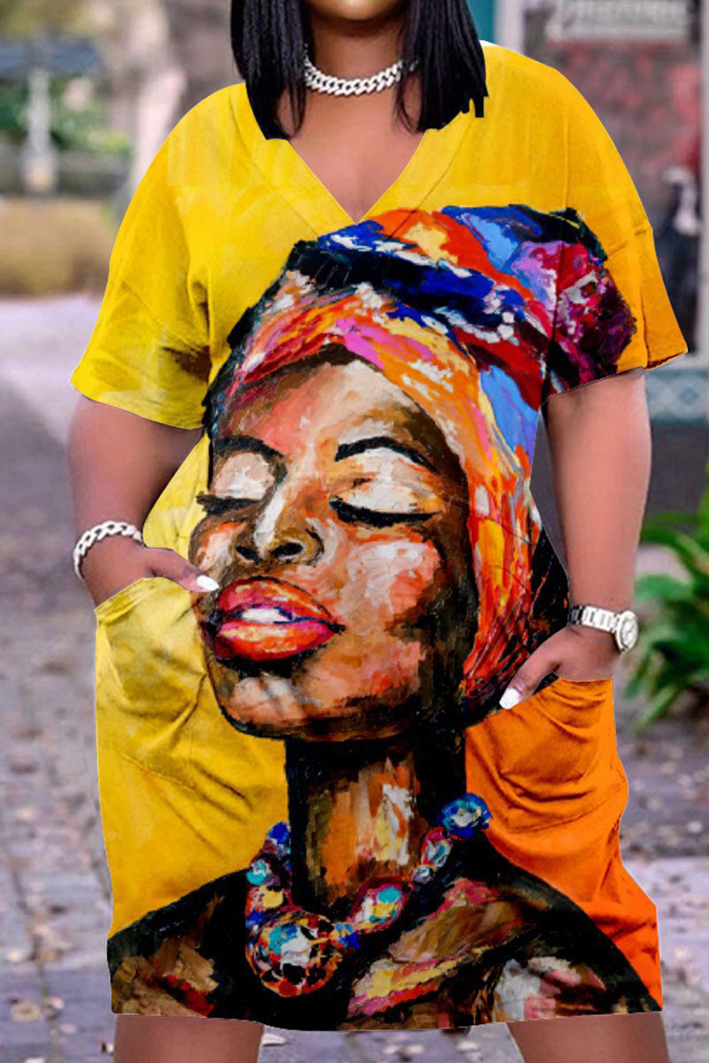 

Mustard Yellow Casual Street Print Patchwork V Neck Straight Dresses