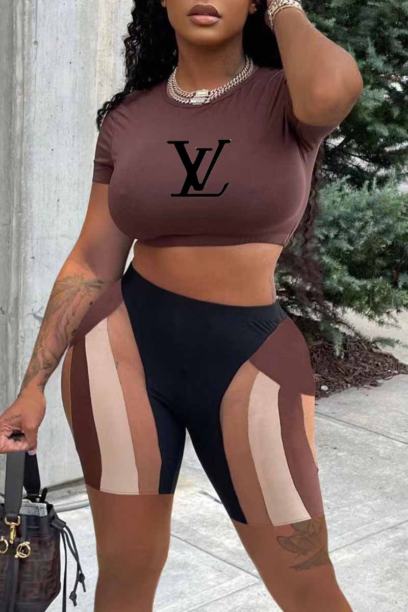 

Dark Brown Fashion Casual Print Letter O Neck Short Sleeve Two Pieces