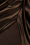 Vestido marrom sexy com prega de retalhos assimétrica gola oblíqua irregular vestidos tamanho grande