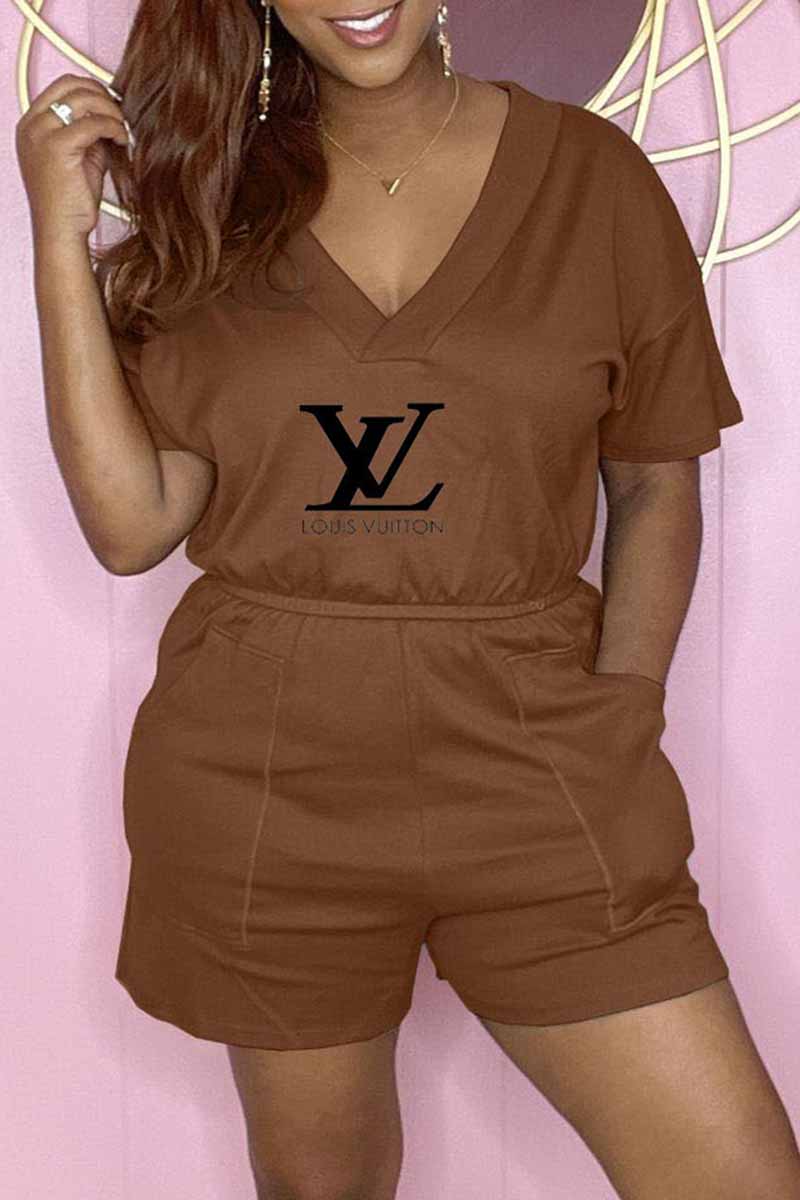 

Brown Fashion Casual Print Letter V Neck Jumpsuits