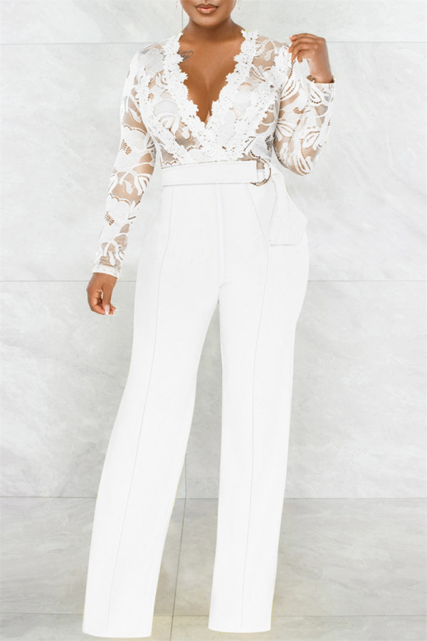Witte modieuze casual patchwork doorschijnende V-hals Regular jumpsuits