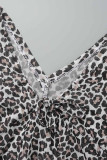 Graue Casual Print Leopard Patchwork V-Ausschnitt Gerade Kleider in Übergröße