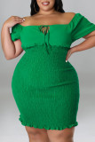 Falda de lápiz de cuello cuadrado de patchwork sólido sexy verde Vestidos de talla grande