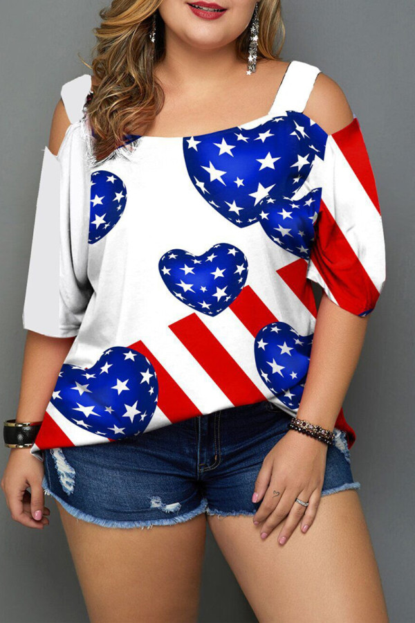 Wit Blauw Rood Mode Casual Print Patchwork Off-shoulder Plus Size Tops