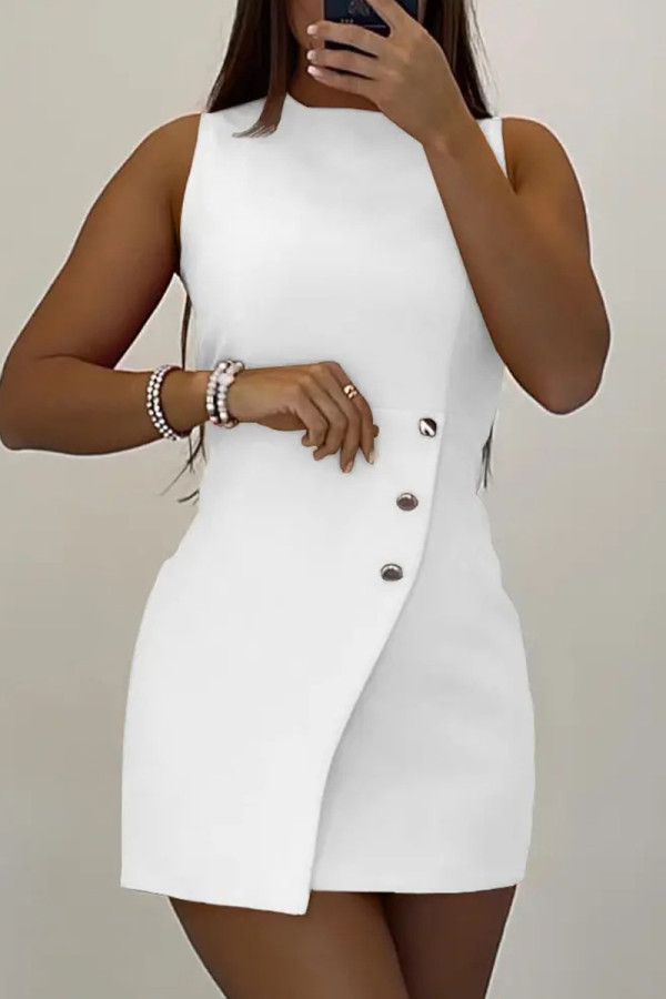 ホワイトファッションカジュアルソリッドパッチワークOネックノースリーブドレス