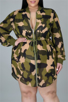 Camouflage Fashion Casual Camouflage Print Patchwork Zipper Kragen Langarm Kleider in Übergröße