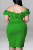 緑のセクシーなソリッドパッチワークスリットは、肩のワンステップスカートプラスサイズのドレスを折りたたむ