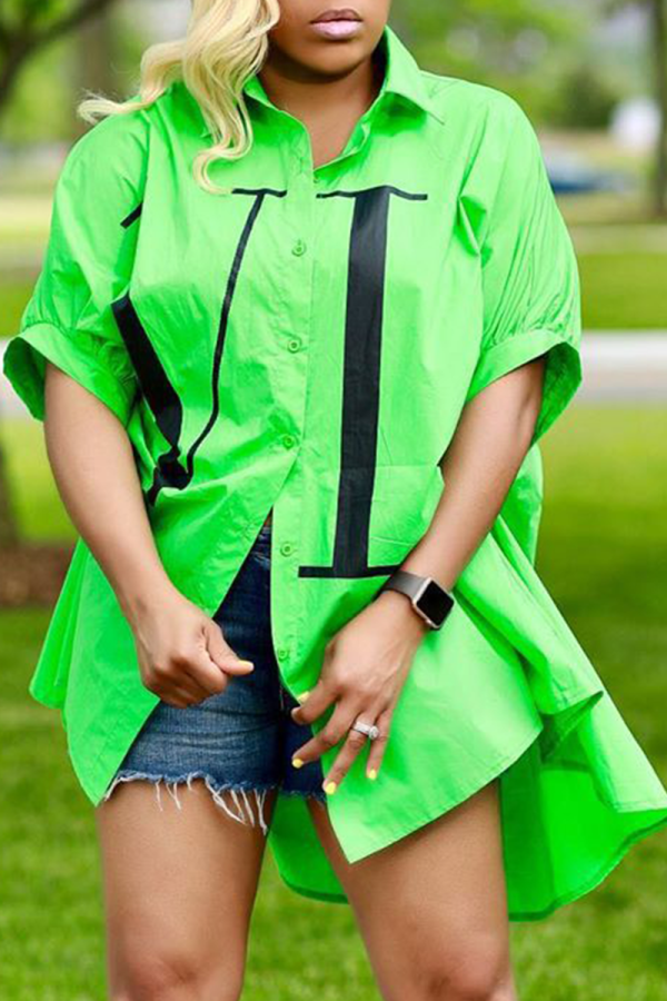 Зеленые модные топы с отложным воротником и принтом в стиле пэчворк