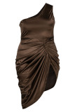Negro sexy sólido patchwork pliegue asimétrico cuello oblicuo vestido irregular vestidos de talla grande