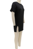 Черное повседневное однотонное платье-футболка в стиле пэчворк с круглым вырезом и разрезом Платья
