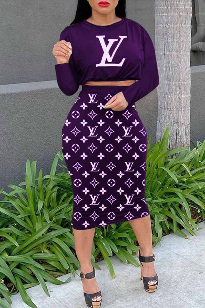 

Purple Fashion Street Print Letter O Neck Long Sleeve Two Pieces