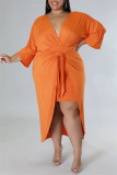 Robes de mode décontractées solides patchwork col en V manches longues grande taille orange