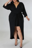 Zwarte mode casual effen patchwork V-hals lange mouwen plus size jurken