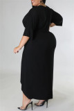 Черные модные повседневные однотонные лоскутные платья с V-образным вырезом и длинными рукавами больших размеров