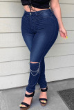 Lichtblauwe casual straat effen uitgeholde patchwork kettingen hoge taille denim jeans