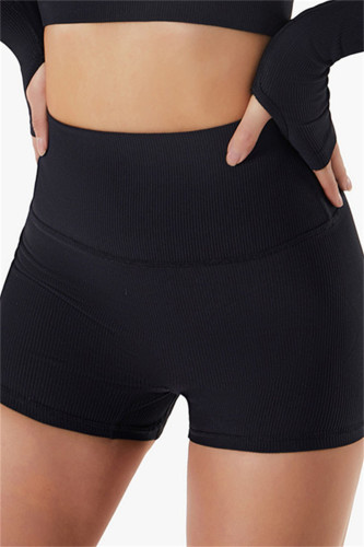 Shorts de cintura alta preto moda casual sportswear sólido patchwork