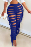 Black Sexy Solid Tassel Hollowed Out Patchwork High Waist Pencil Solid Color Bottoms