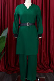 Patchwork sólido casual verde com cinto decote em v manga longa duas peças