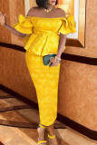 Gelbes Mode-reizvolles Patchwork-rückenfreies schulterfreies Abendkleid