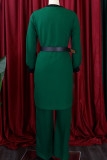 Patchwork sólido casual verde com cinto decote em v manga longa duas peças