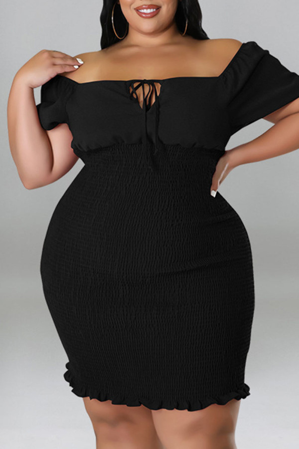 Negro sexy sólido patchwork cuello cuadrado lápiz falda más vestidos de tamaño