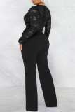 Zwarte Mode Casual Patchwork Doorzichtige V-hals Regular Jumpsuits