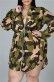 Camouflage Mode Casual Imprimé Camouflage Patchwork Fermeture Éclair Col Manches Longues Plus La Taille Robes
