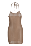 Vestidos de falda de lápiz de correa de espagueti de patchwork sólido sexy marrón