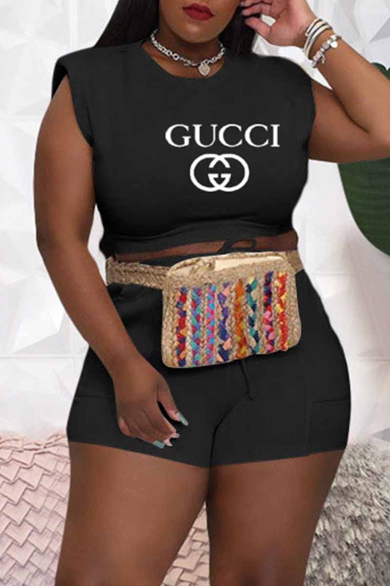 

Black Fashion Casual Print Letter O Neck Plus Size Two Pieces