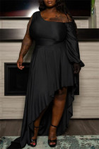 Zwarte mode casual plus size effen patchwork rugloze schuine kraag onregelmatige jurk