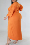 Оранжевые модные повседневные однотонные лоскутные платья с V-образным вырезом и длинными рукавами больших размеров