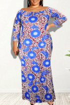 Blauwe mode casual print patchwork off-shoulder lange mouw plus size jurken