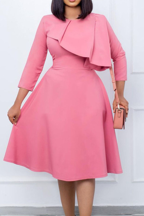 ピンクのカジュアルワークソリッドパッチワークドレス