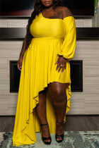 Желтое модное повседневное платье больших размеров в стиле пэчворк с открытой спиной и косым воротником