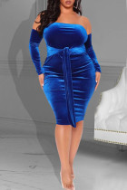 Blauwe mode sexy plus size effen backless off-shoulder lange jurk