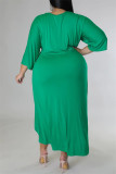 グリーンファッションカジュアルソリッドパッチワークVネック長袖プラスサイズのドレス