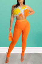 Tangerine Sexy Solid Patchwork See-through Feathers Spaghetti Strap senza maniche in due pezzi