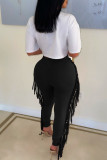 Schwarze, sexy, solide Quaste, ausgehöhlte Patchwork-Bleistift-Hosen mit hoher Taille