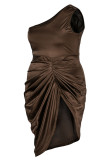 Negro sexy sólido patchwork pliegue asimétrico cuello oblicuo vestido irregular vestidos de talla grande