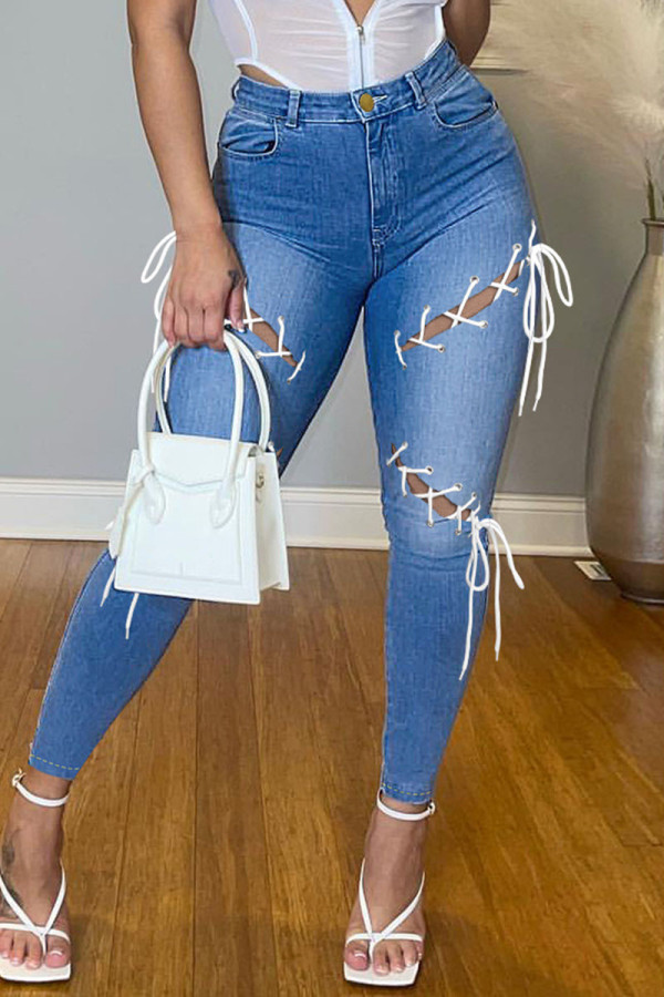 Blå Casual Street Solid Bandage urholkat Patchwork jeans med hög midja