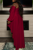 Бордовое модное повседневное платье больших размеров в стиле пэчворк без спинки с косым воротником неправильной формы
