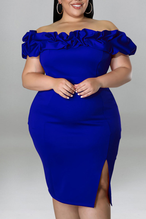 Синяя сексуальная однотонная лоскутная юбка с разрезом и открытыми плечами Платья больших размеров