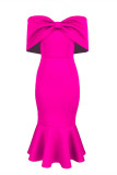 Розово-красное модное сексуальное твердое лоскутное платье с открытой спиной и бантом с открытыми плечами вечернее платье