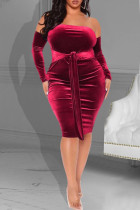 Burgundy Fashion Sexig Plus Size Solid Backless Off Shoulder Long Klänning