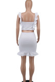 Белые сексуальные сплошные выдолбленные платья в стиле пэчворк с оборками на тонких бретелях