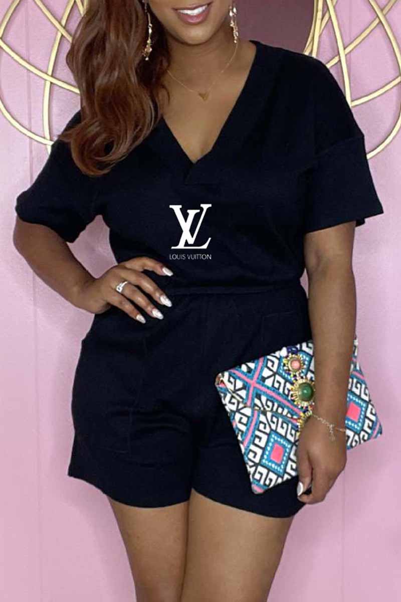 

Black Fashion Casual Print Letter V Neck Jumpsuits