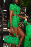 グリーンファッションカジュアルソリッドパッチワークジッパーカラー半袖ツーピース