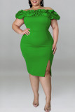 Groene sexy effen patchwork spleet vouw uit de schouder een stap rok plus size jurken